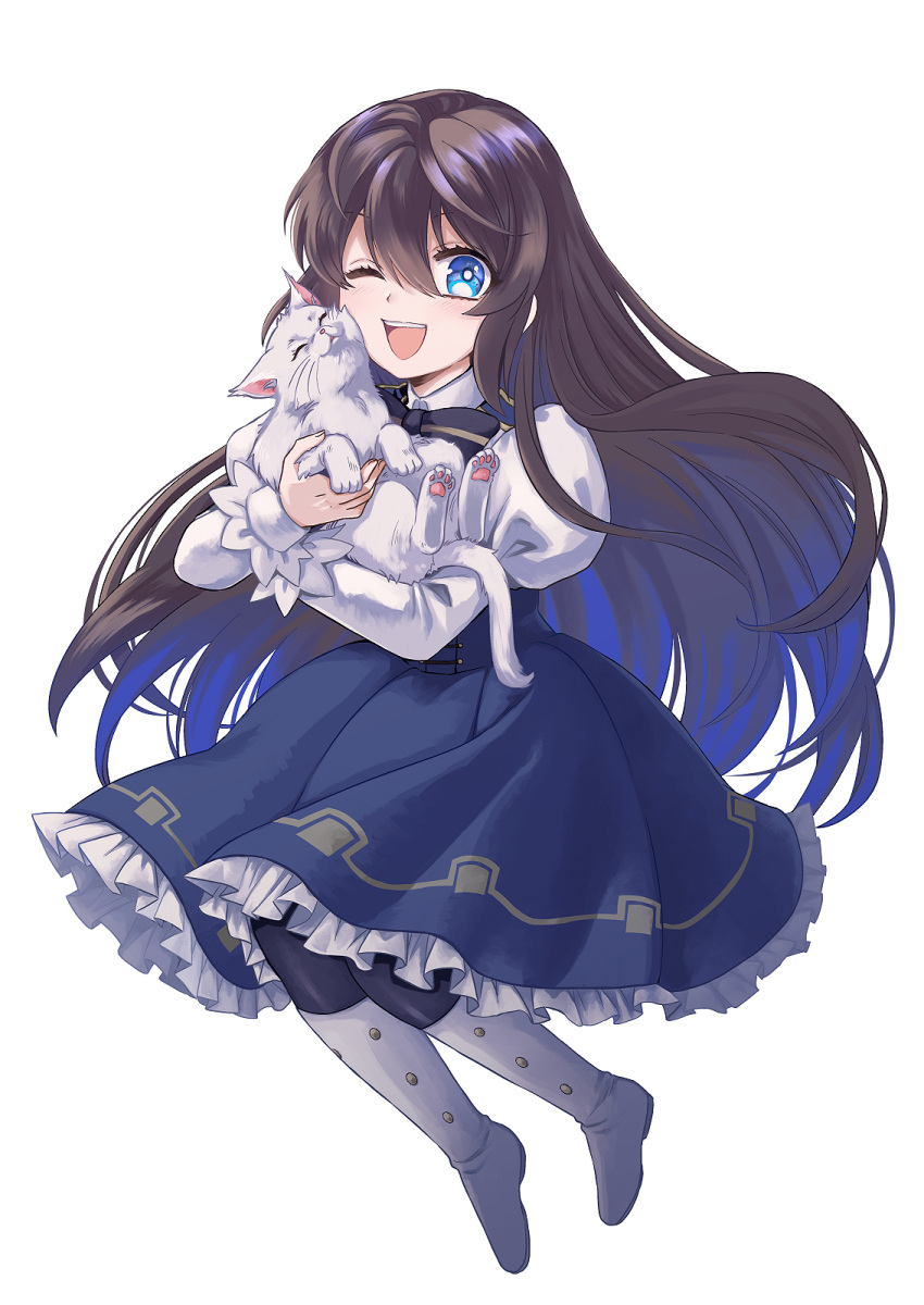 1girl, animal, blue_dress, blue_eyes, brown_hair, cat, dress, full_body, highres, hizuki_aya, holding, holding_animal, holding_cat, juliet_sleeves, long_hair, long_sleeves, mebius_world_online, one_eye_closed, open_mouth, puffy_sleeves, smile, solo