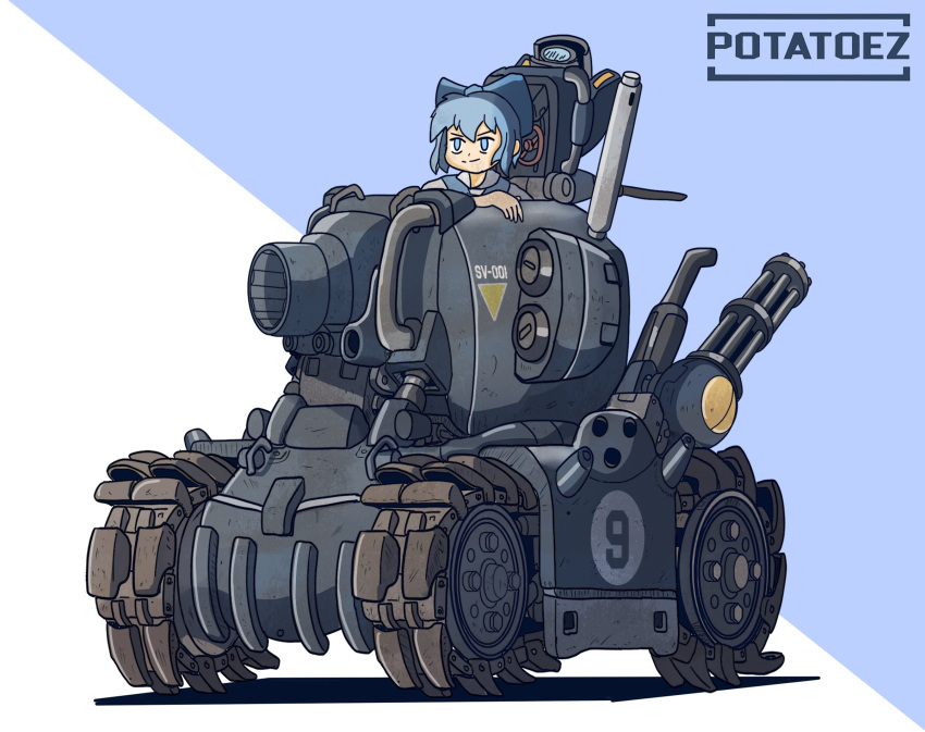 (9), 1girl, artist_name, bangs, blue_background, blue_bow, blue_eyes, blue_hair, bow, caterpillar_tracks, cirno, closed_mouth, ground_vehicle, hair_bow, highres, metal_slug, military, military_vehicle, motor_vehicle, multicolored, multicolored_background, potatoez, short_hair, smile, solo, sv001_(metal_slug), tank, touhou, two-tone_background, vehicle_focus, white_background