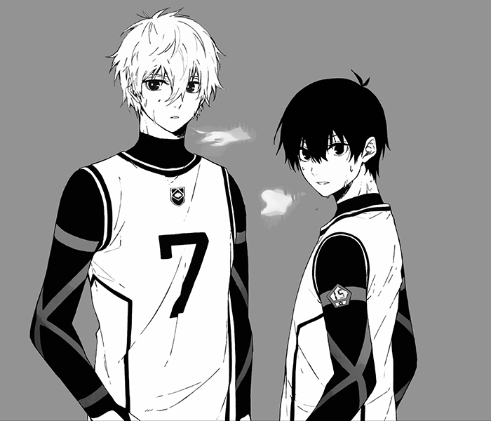 2boys, bangs, blue_lock, exhausted, grey_background, gym_uniform, hair_between_eyes, isagi_yoichi