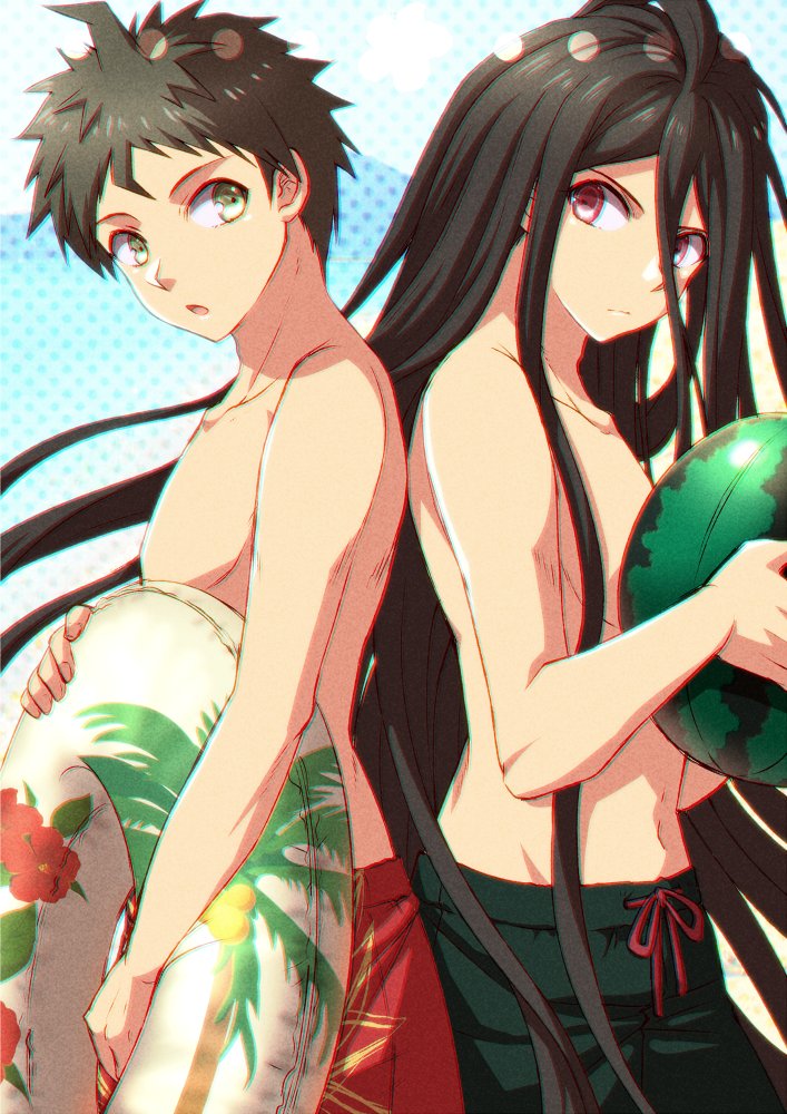 2boys, back-to-back, ball, bangs, beachball, black_hair, black_male_swimwear, bo-tsu_(hyrkgk)