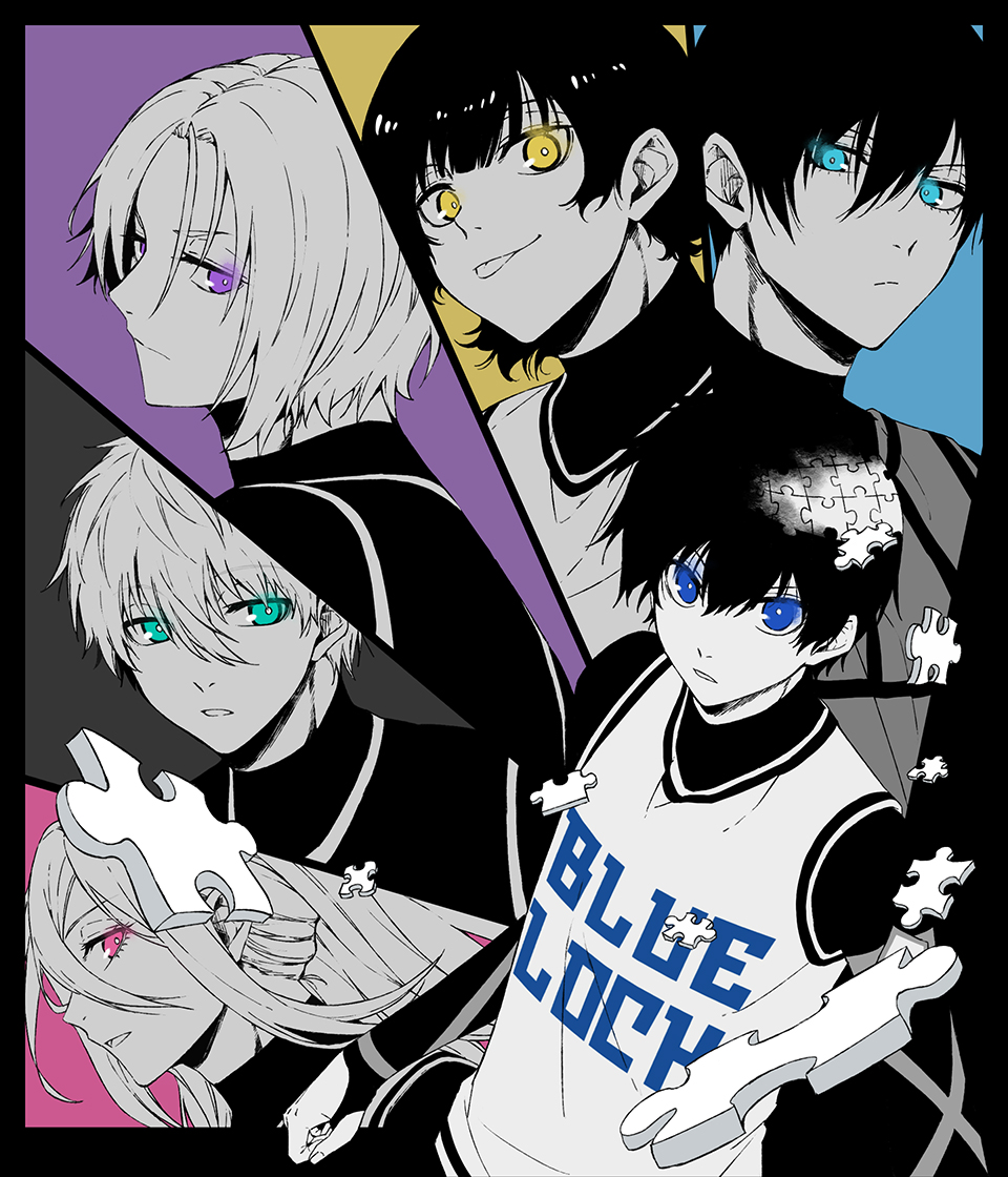 6+boys, aqua_eyes, bachira_meguru, bangs, blue_eyes, blue_lock, chigiri_hyoma, copyright_name
