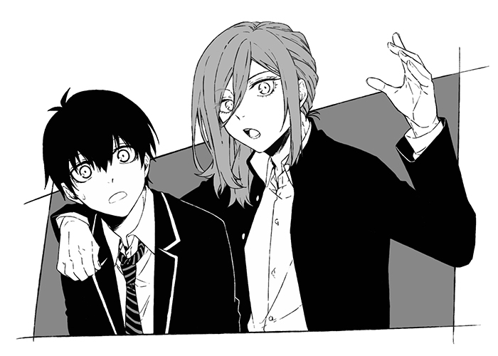 2boys, ahoge, bangs, blue_lock, chigiri_hyoma, hair_between_eyes, hand_on_another's_shoulder, isagi_yoichi
