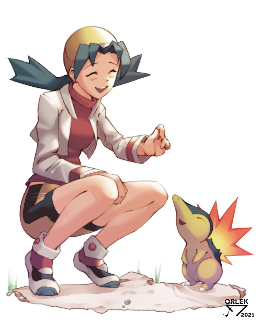 1girl, absurdres, bike_shorts, blush, closed_eyes, cropped_jacket, cyndaquil, feeding, gen_2_pokemon, green_hair, highres, jacket, kris_(pokemon), orlek_tg, pokemon, pokemon_(creature), pokemon_(game), pokemon_gsc, red_shirt, shirt, smile, squatting, white_background, white_jacket, yellow_headwear, yellow_legwear