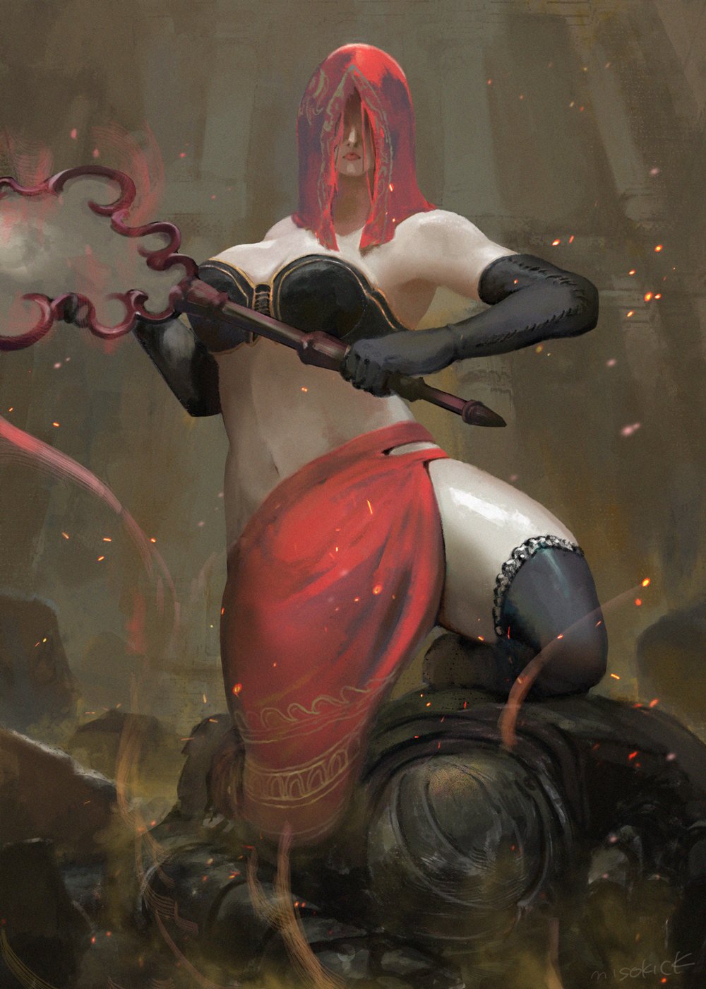 1girl, black_gloves, black_legwear, breasts, closed_mouth, dark_souls_ii, desert_sorceress, elbow_gloves