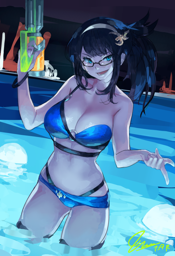 1girl, bikini, black_hair, blue_bikini, blue_eyes, breasts, dated, etna_(artist), glasses, granblue_fantasy, hairband, holding, holding_water_gun, illnott, large_breasts, night, pool, signature, swimsuit, wading, water_gun