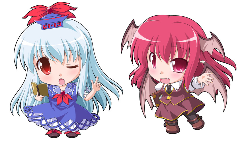 bat_wings, book, chibi, dress, head_wings, kamishirasawa_keine, koakuma, multiple_girls
