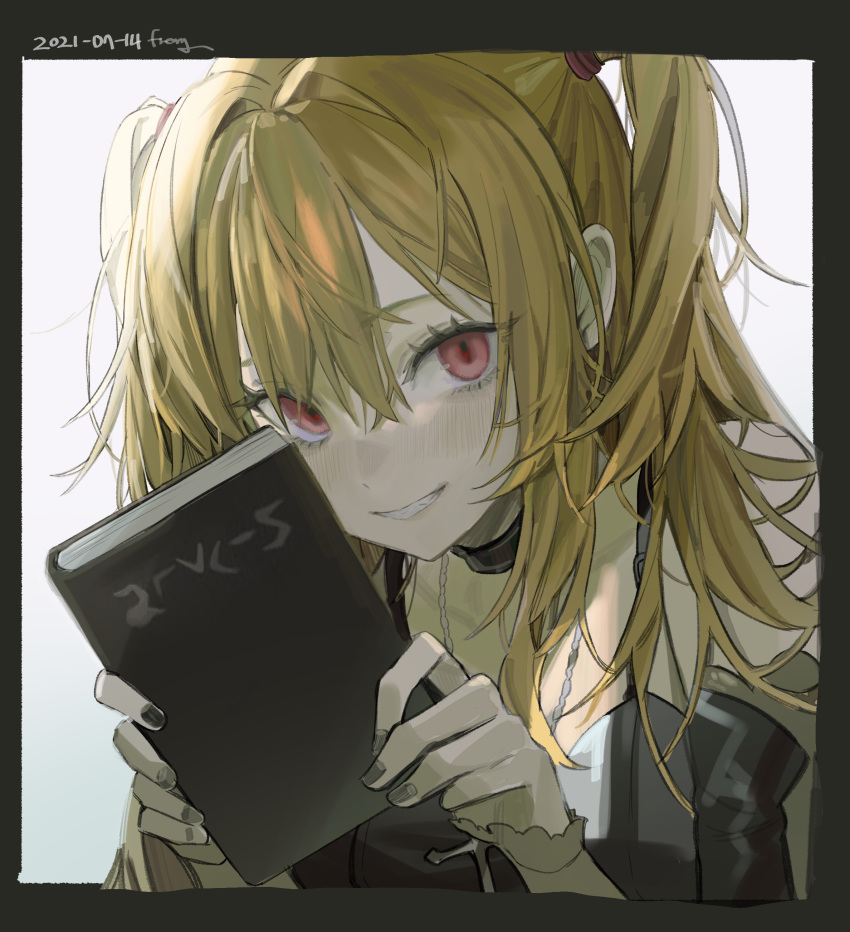 1girl, absurdres, amane_misa, bangs, black_border, black_choker, blonde_hair, blush