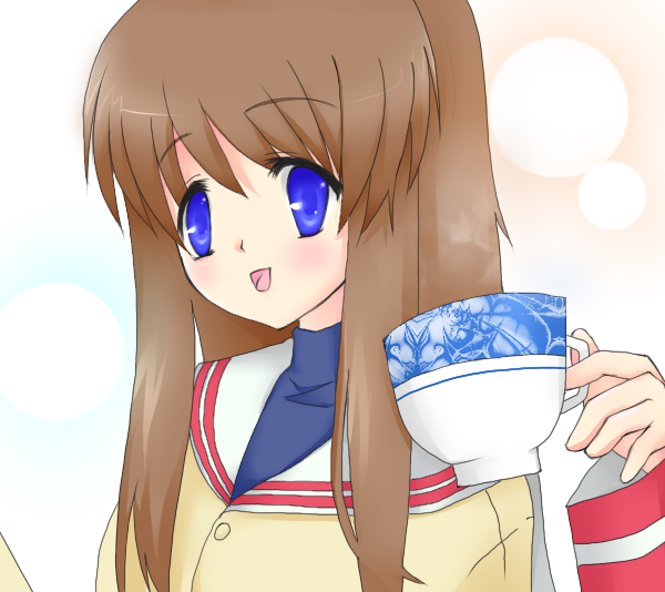 blue_eyes, brown_hair, clannad, flat_(ko-do), long_hair, miyazawa_yukine, school_uniform, teacup