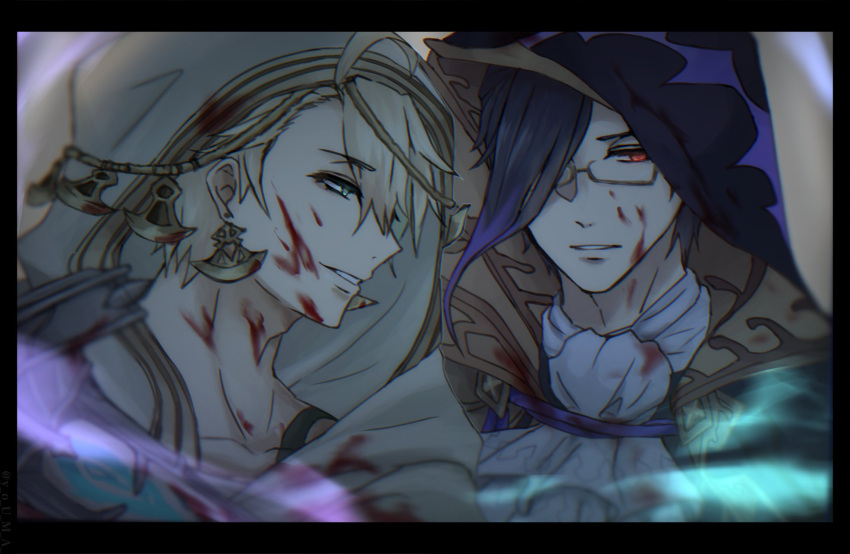 2boys, aladdin_(sinoalice), aqua_eyes, arabian_clothes, aura, black_hair, blonde_hair, blood