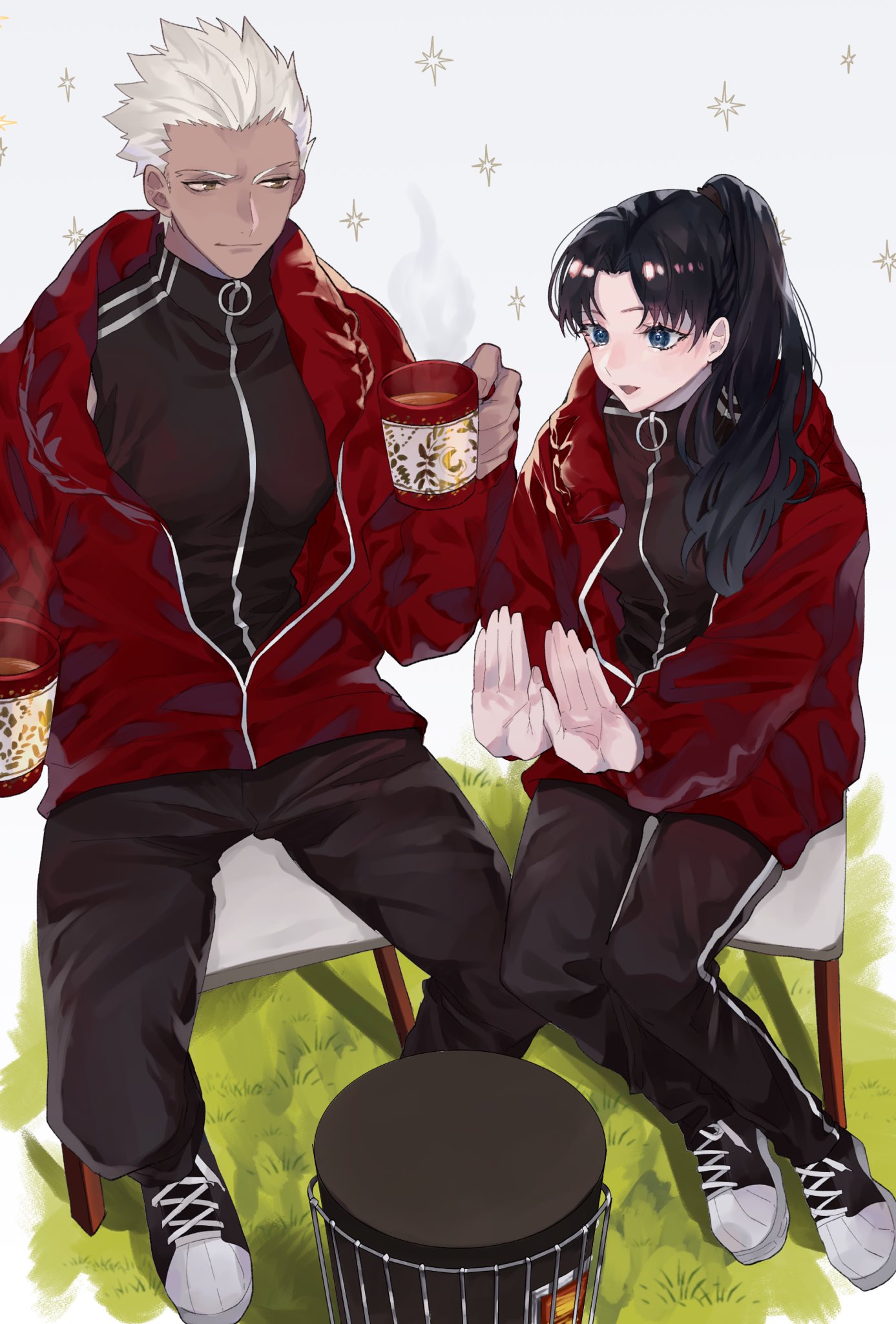 1boy, 1girl, alternate_costume, archer_(fate), bangs, black_hair, black_jacket, black_pants