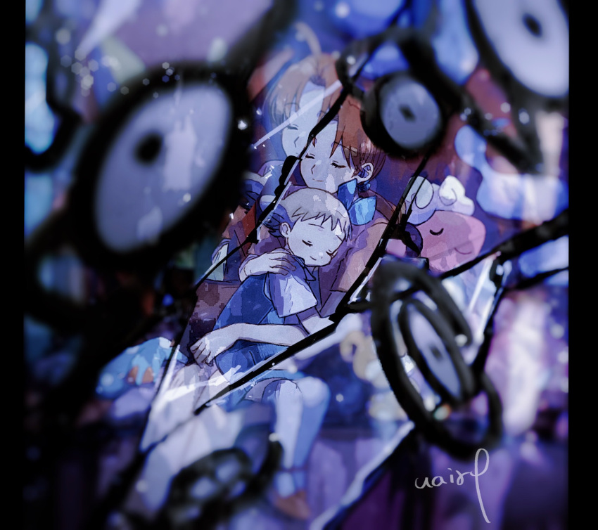 2girls, ahoge, bangs, blue_dress, blue_ribbon, blue_skirt, blurry, blurry_foreground