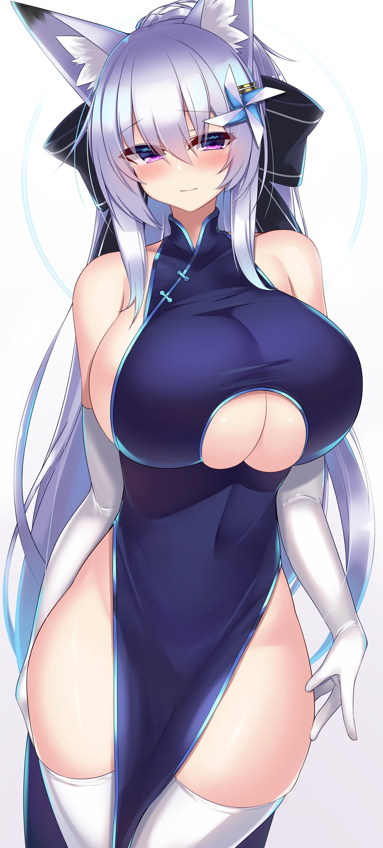 1girl, absurdres, animal_ears, blush, breasts, china_dress, chinese_clothes, clothing_cutout