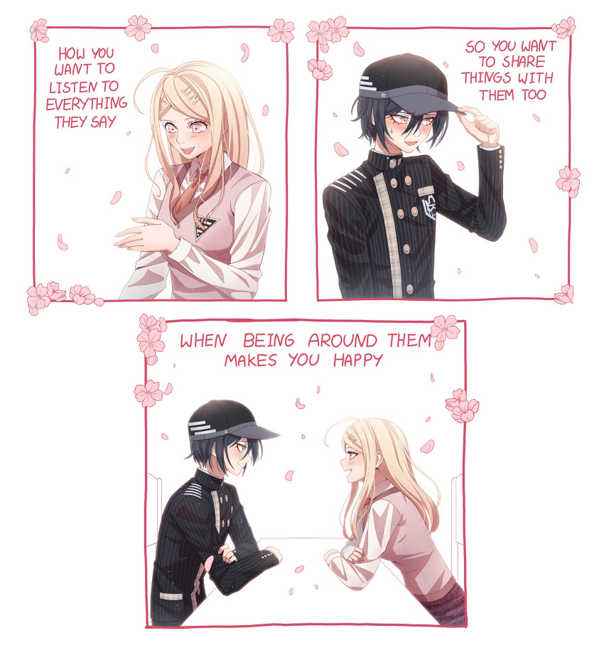 1boy, 1girl, absurdres, akamatsu_kaede, black_hair, black_headwear, blonde_hair, blush