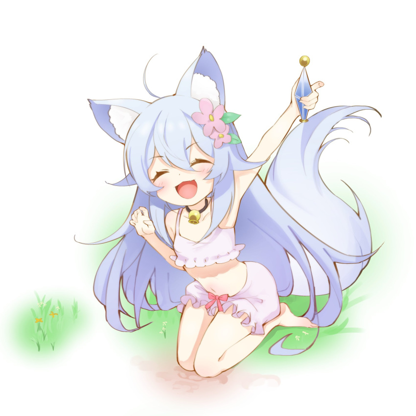 1girl, ahoge, animal_ear_fluff, animal_ears, arm_up, armpits, barefoot, bell