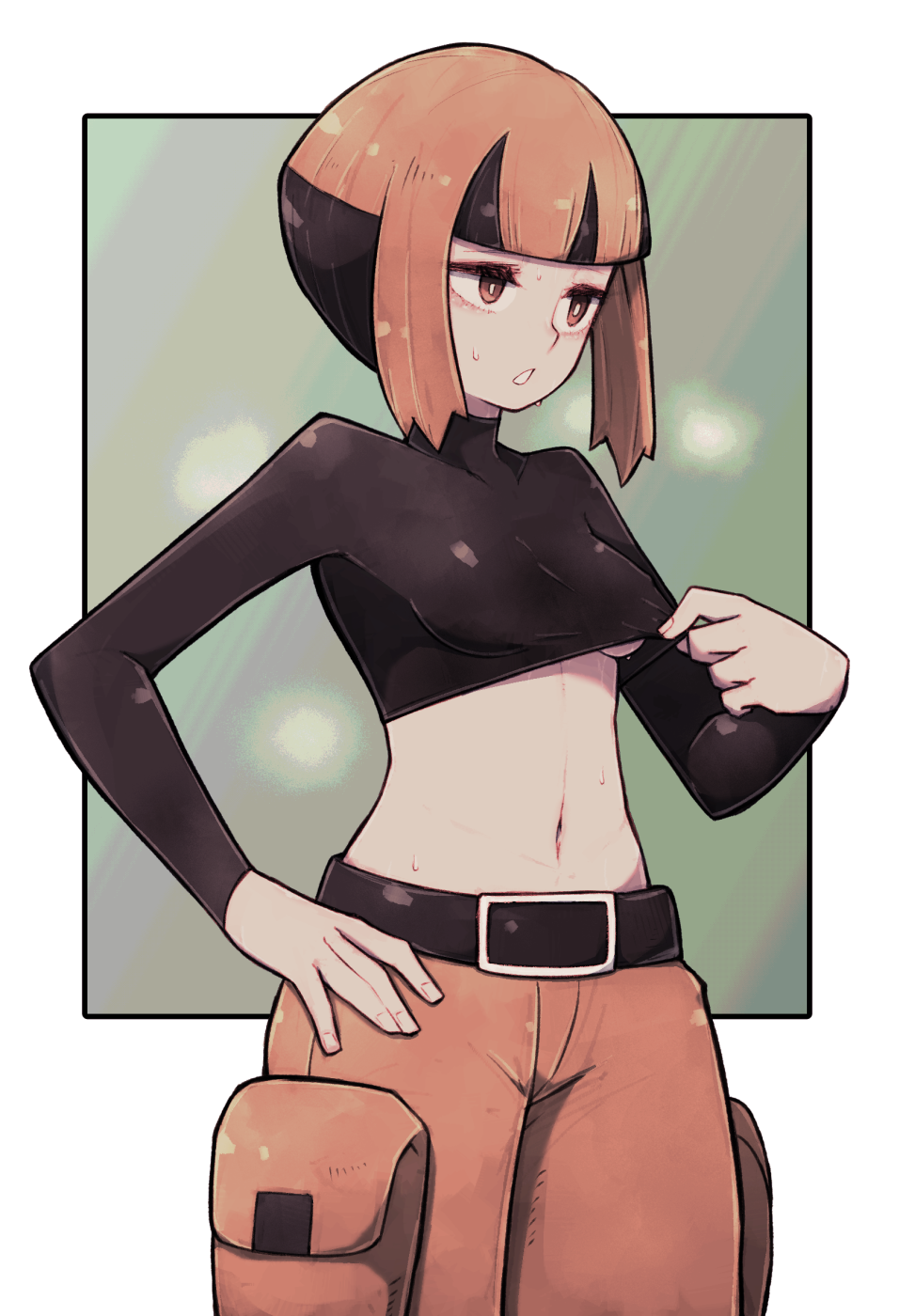 1girl, :o, bangs, belt, belt_buckle, black_belt, breasts, brown_eyes