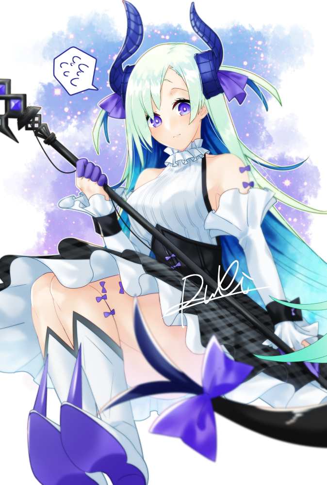 1girl, asymmetrical_horns, bare_shoulders, black_skirt, blue_hair, boots, brynhildr_(fate), commentary_request