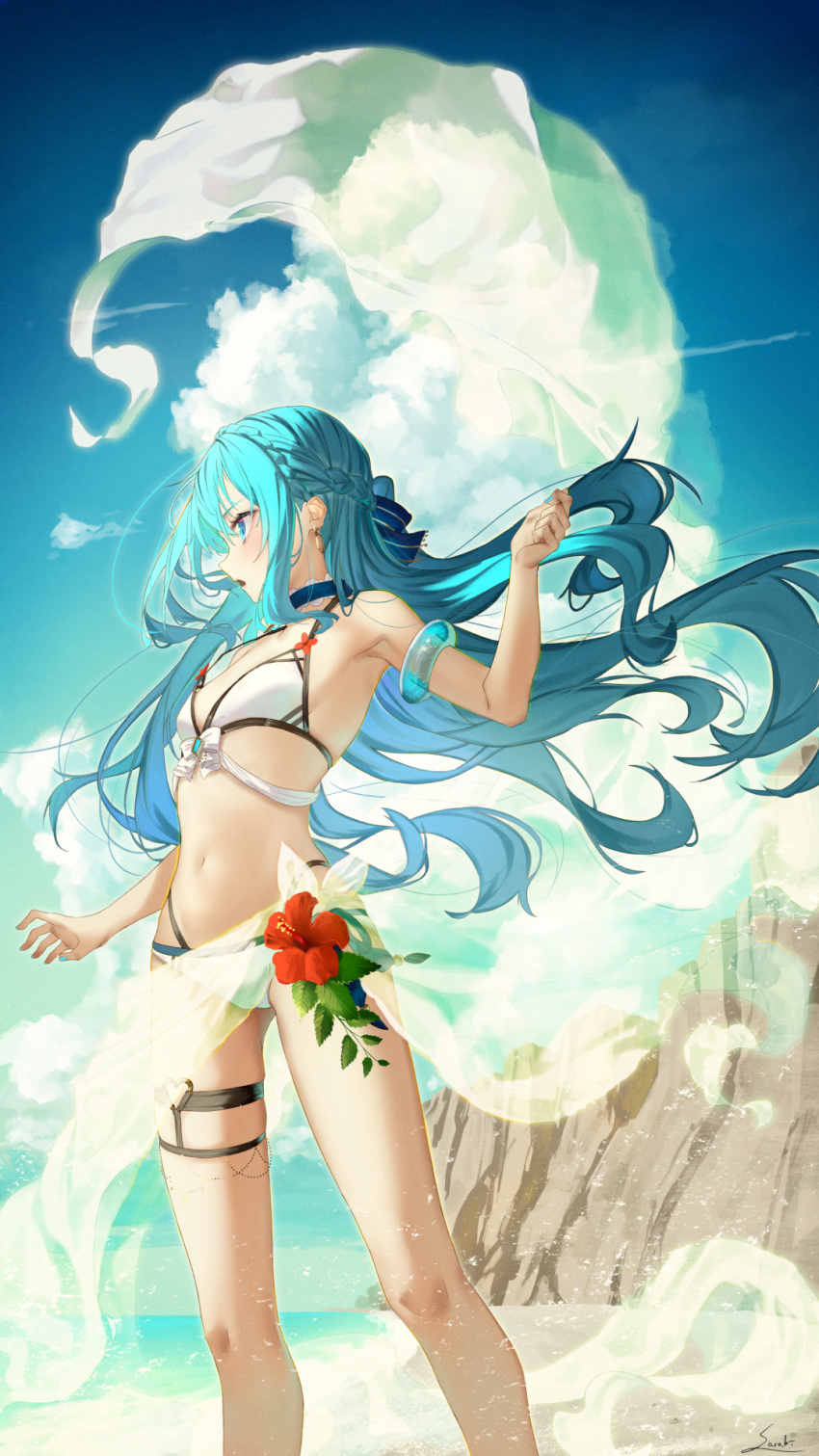 1girl, bangs, bare_legs, beach, bikini, blue_choker, blue_eyes, blue_hair