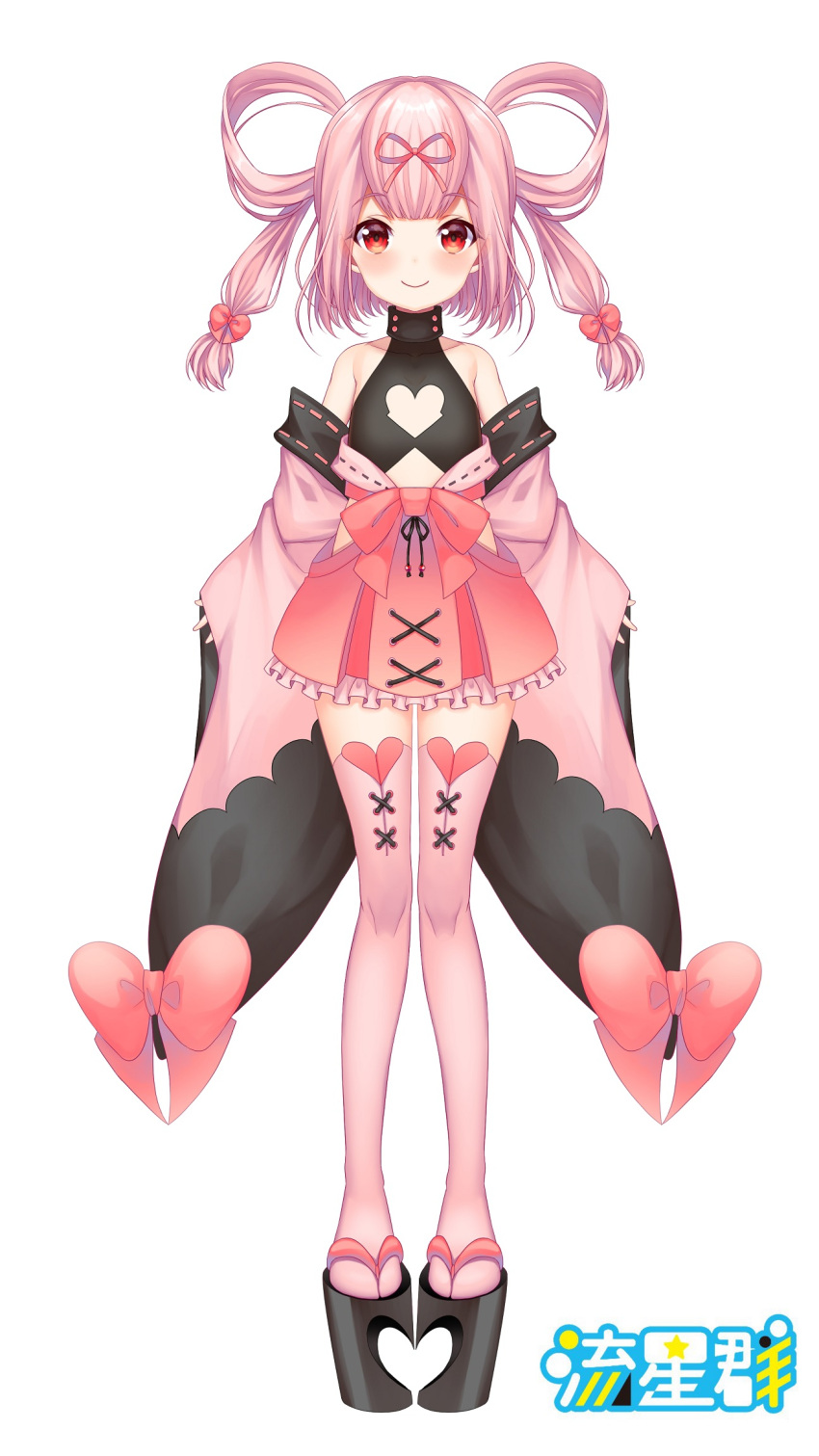 1girl, bow, highres, musubi_kokoa, official_art, pink_hair, pink_legwear, red_eyes, ryuuseigun_project, smile, teltelhousi, twintails, virtual_youtuber