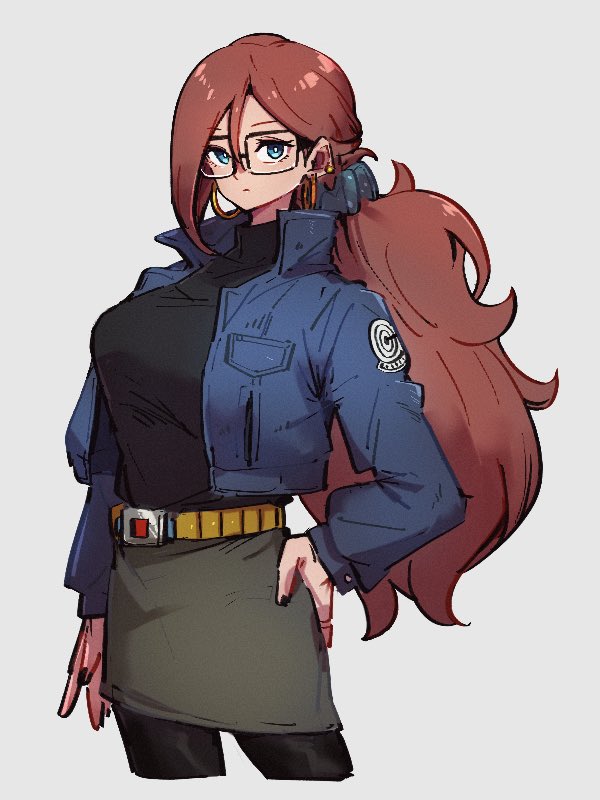 1girl, android_21, black_shirt, blue_eyes, breasts, closed_mouth, cosplay, dragon_ball