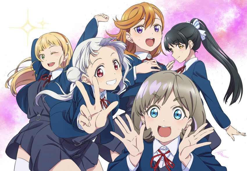 5girls, arashi_chisato, bangs, black_hair, blonde_hair, blue_eyes, blunt_bangs, bow, double_bun, green_eyes, grey_hair, hair_bow, hairband, hazuki_ren, heanna_sumire, highres, katorifuta, long_hair, love_live!, love_live!_superstar!!, medium_hair, multiple_girls, orange_hair, parted_bangs, ponytail, red_eyes, shibuya_kanon, shiny, shiny_hair, short_hair, tang_keke, twintails, violet_eyes, white_bow, white_hair, yellow_eyes