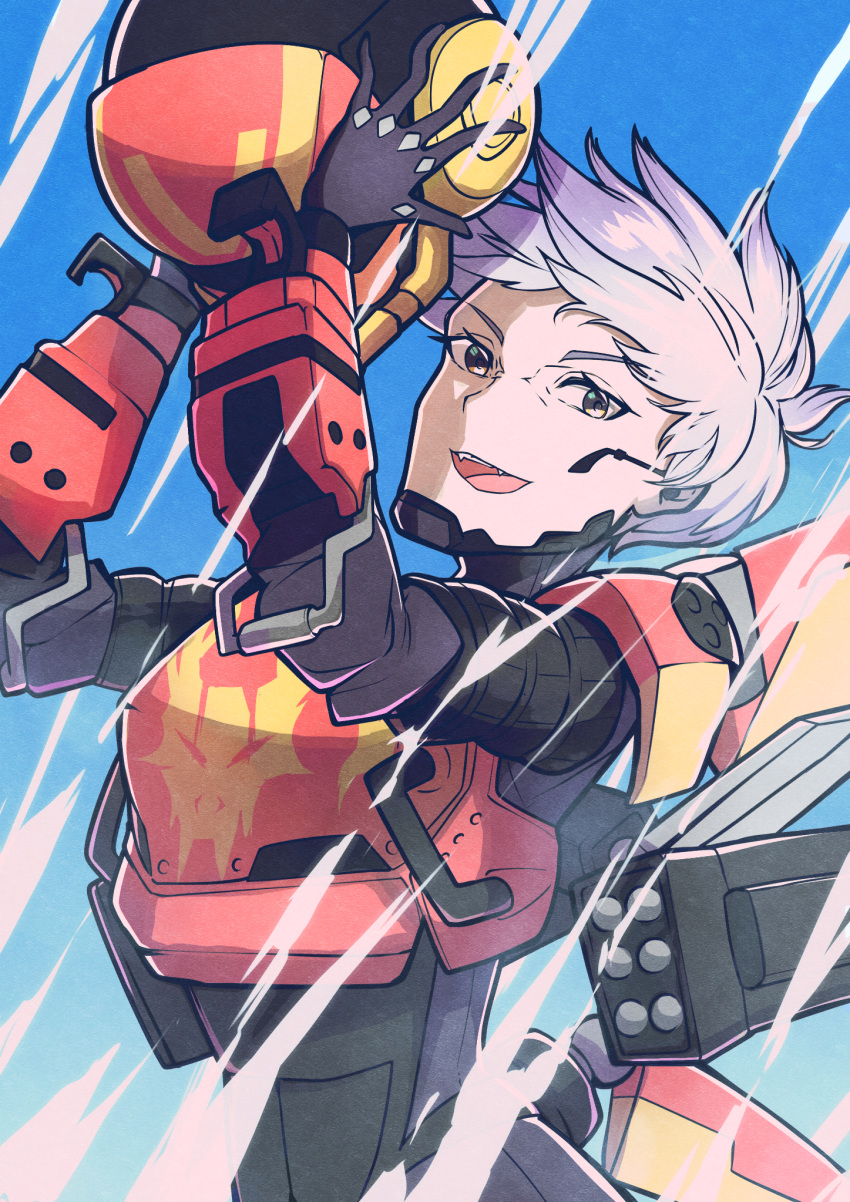 1girl, animification, apex_legends, armor, birthright_valkyrie, black_gloves, fangs, floating_hair