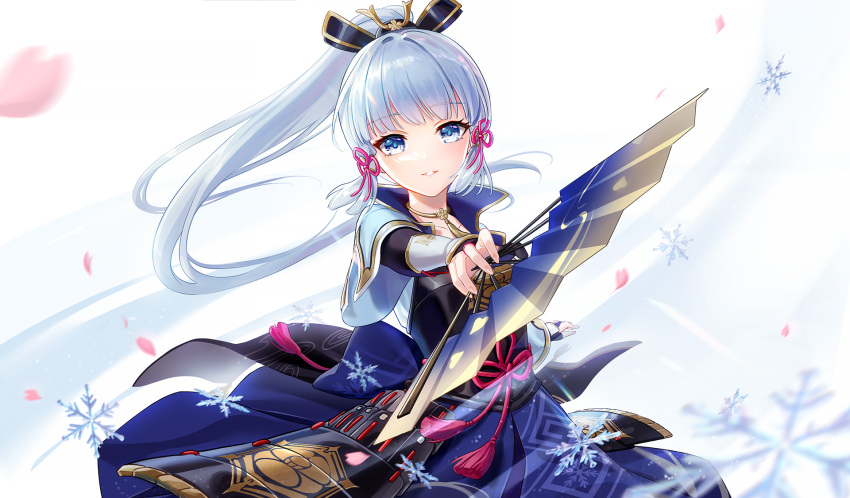 1girl, arm_guards, armor, armored_dress, ayaka_(genshin_impact), bangs, black_gloves, blue_dress