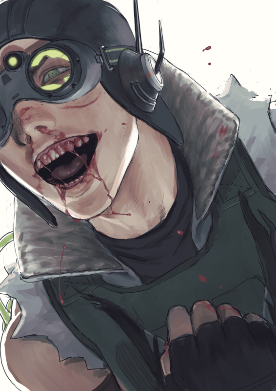 1boy, apex_legends, black_gloves, black_headwear, blood, blood_in_mouth, broken_goggles, cable
