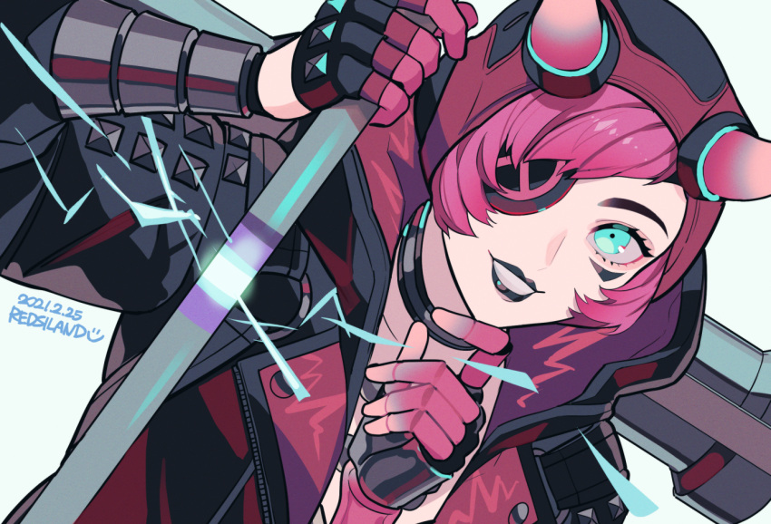 akagi_(redsiland), animification, apex_legends, black_gloves, black_headwear, black_jacket, black_lips, cyber_punked_wattson, dated, eyepatch, fingerless_gloves, gloves, holding, horns, jacket, lipstick, looking_up, makeup, mechanical_arms, official_alternate_costume, one_eye_covered, parted_lips, pink_hair, single_mechanical_arm, smile, wattson_(apex_legends)