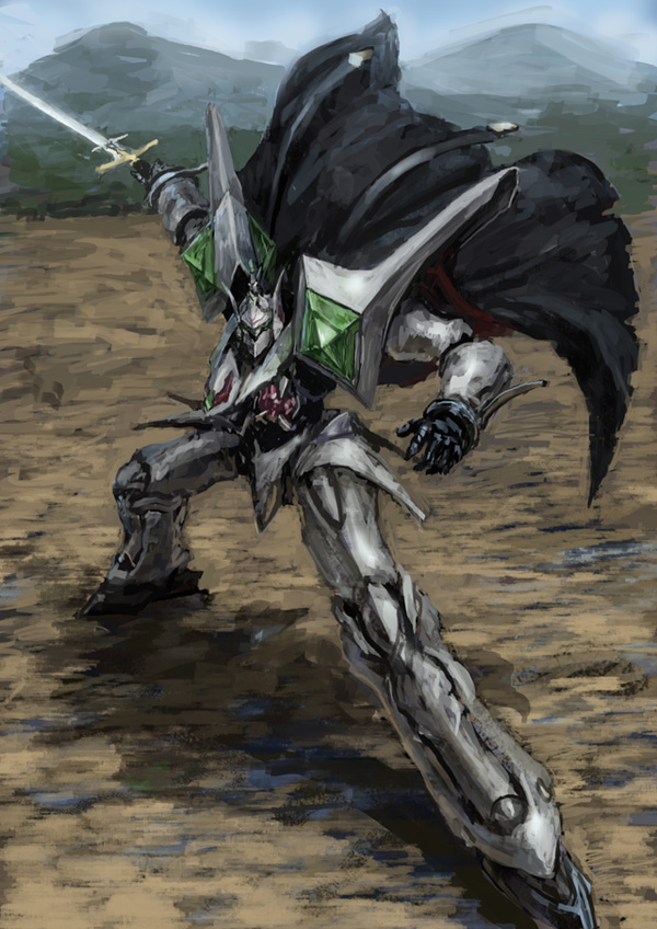 escaflowne, fighting_stance, ground, mecha, mountain, robot, solo, sword
