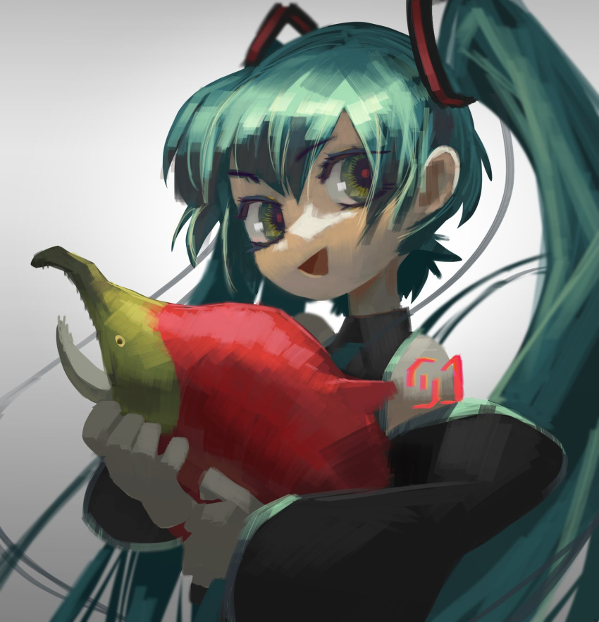 1girl, animal, black_sleeves, detached_sleeves, english_commentary, eyebrows_visible_through_hair, fish, green_eyes