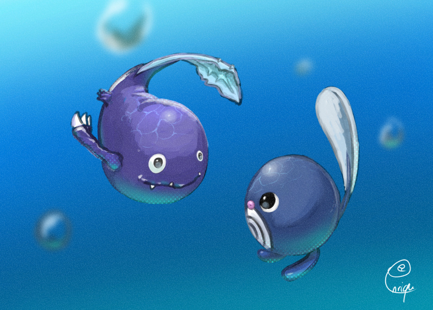 air_bubble, black_eyes, blurry, bubble, commentary_request, crossover, digimon, digimon_(creature), enrike_(enrique_mr_blue), eye_contact, fangs, fangs_out, gen_1_pokemon, highres, looking_at_another, no_humans, otamamon, pokemon, pokemon_(creature), poliwag, shiny, signature, underwater
