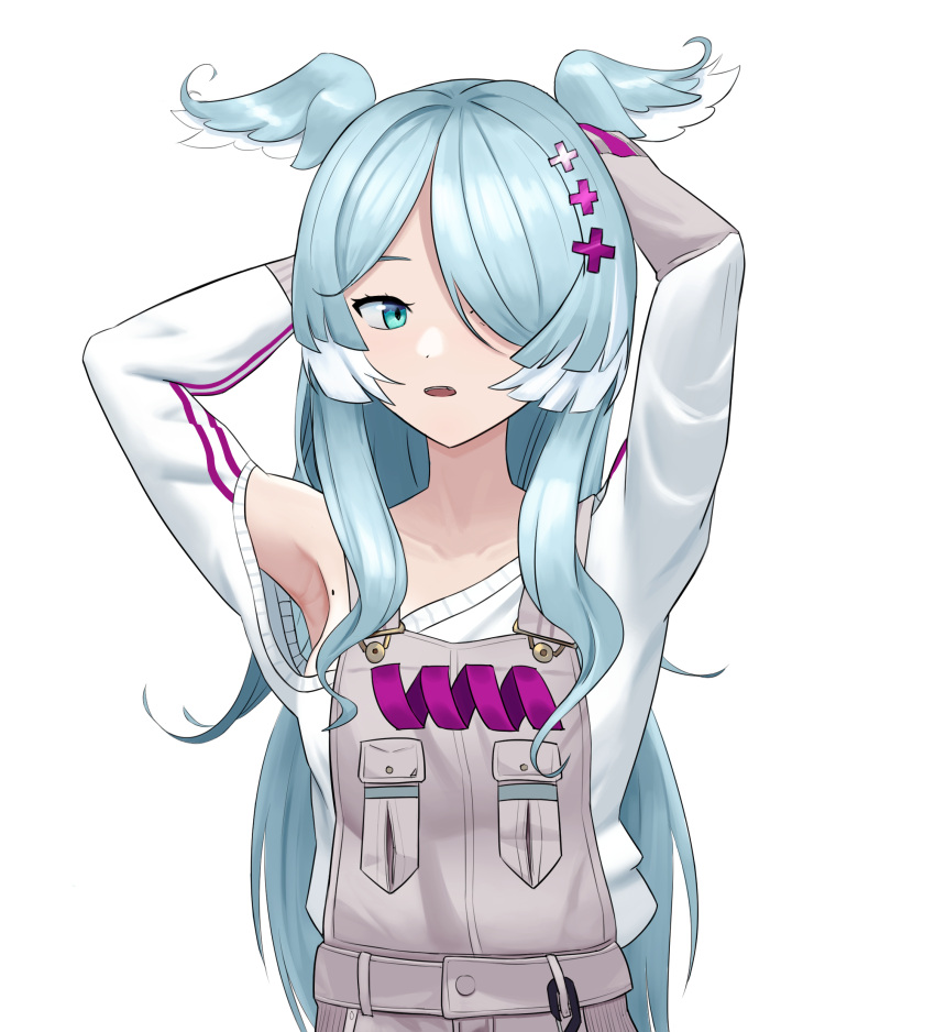 1girl, absurdres, animal_ears, armpits, arms_behind_head, baggy_clothes, bangs, blue_eyes