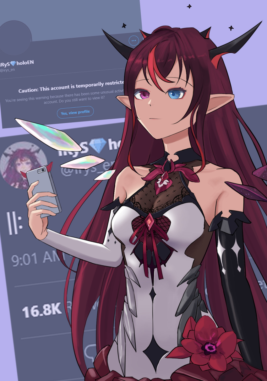 1girl, bangs, bare_shoulders, blue_background, blue_eyes, breasts, cellphone, commentary