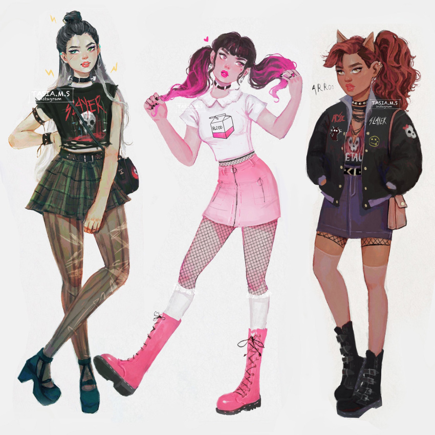 3girls, ac/dc, animal_ears, bag, bangs, belt, black_hair, black_jacket