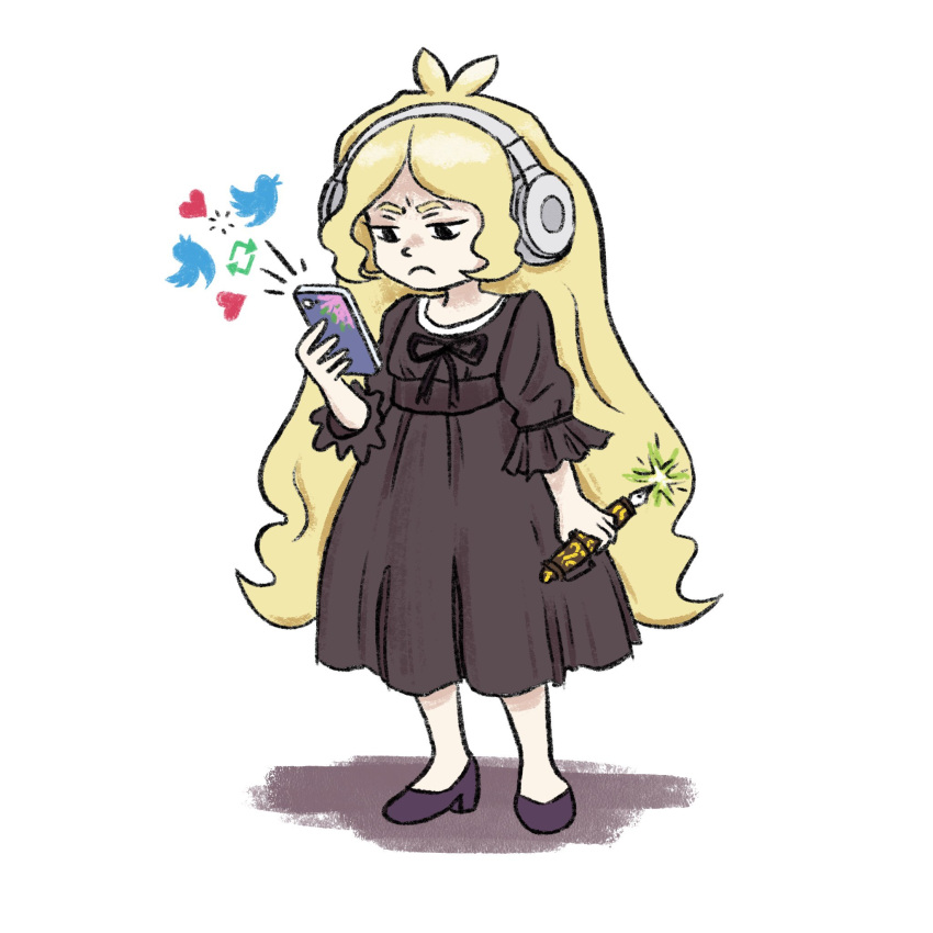 1girl, ahoge, arrow_(symbol), black_dress, black_eyes, black_footwear, black_ribbon, blonde_hair, cellphone, diana_cavendish, dress, english_commentary, favorite_(meme), headphones, highres, holding, holding_phone, little_witch_academia, long_hair, looking_at_screen, meme, neck_ribbon, phone, retweet_(meme), ribbon, simple_background, solo, standing, truffleduster, twitter_logo, very_long_hair, white_background
