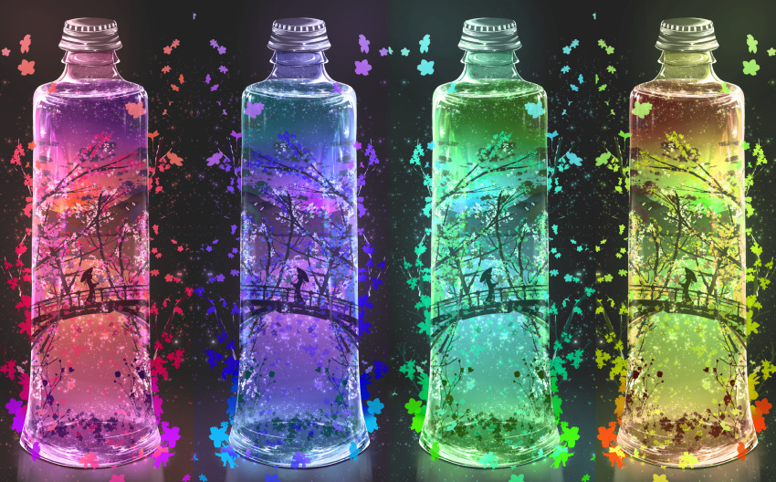 1other, abisswalker8, bottle, bridge, cherry_blossoms, colorful, commentary_request, flower