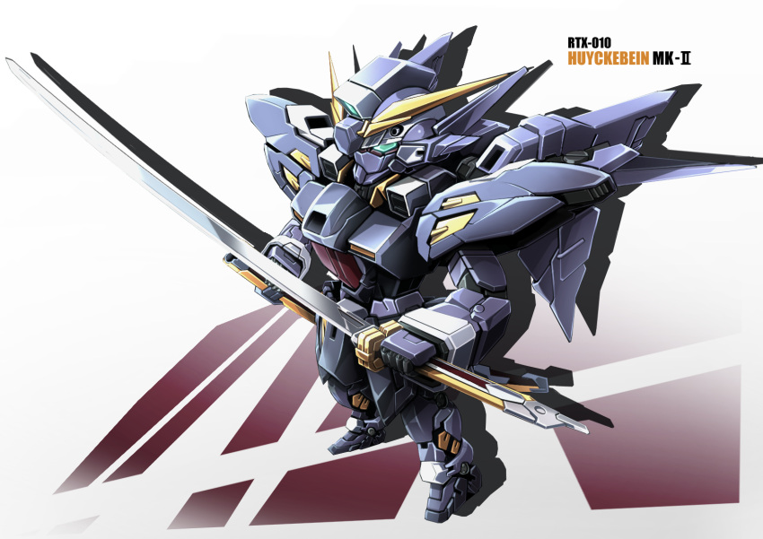character_name, chibi, green_eyes, highres, holding, holding_sword, holding_weapon, huckebein_mk_ii