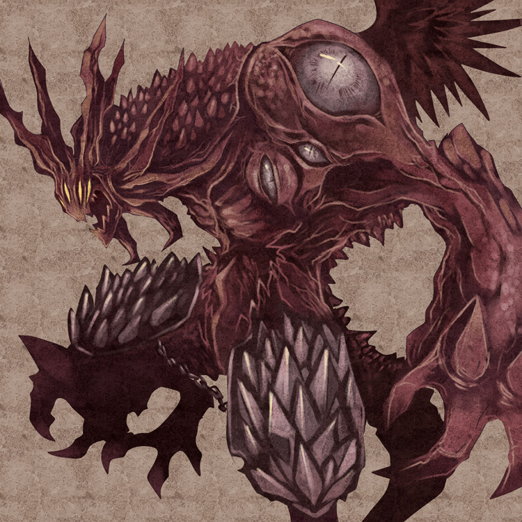 1other, brown_background, chain, commentary_request, demon, emon-yu, extra_eyes, foot_out_of_frame