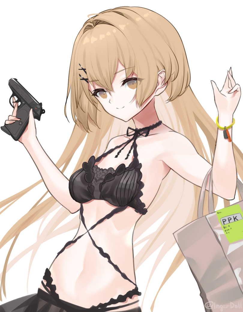 1girl, girls_frontline, gun, handgun, ingerdoll, light_brown_eyes, light_brown_hair, long_hair