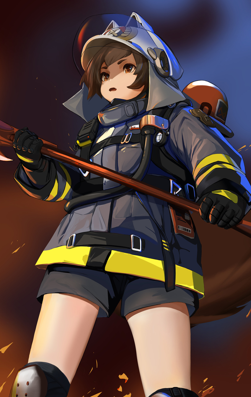 1girl, agwing86, animal_ears_helmet, arknights, axe, black_gloves, black_jacket, brown_eyes