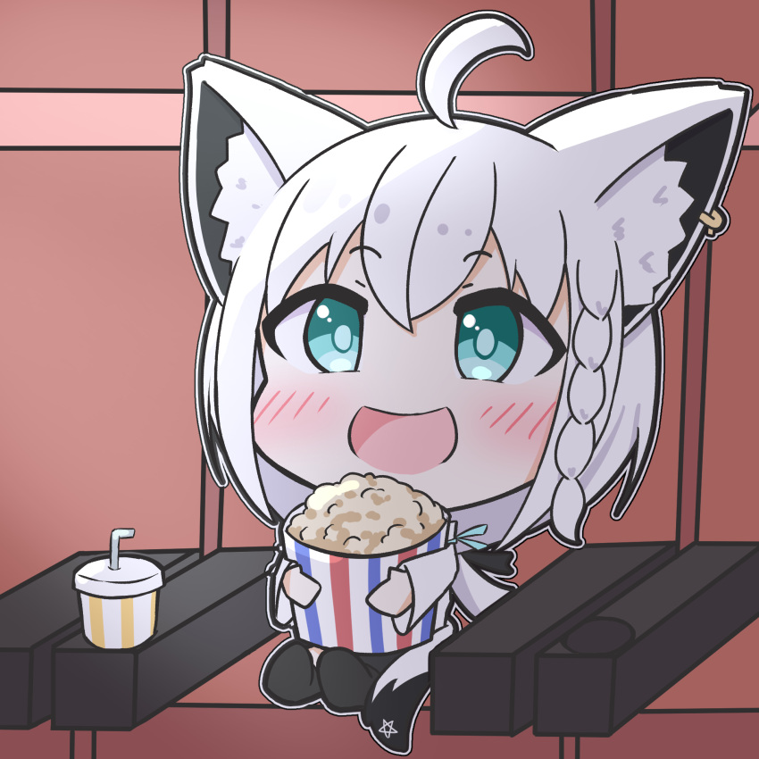 1girl, ahoge, animal_ear_fluff, animal_ears, bangs, blush, braid, chibi, commentary_request, cup, disposable_cup, earrings, eyebrows_visible_through_hair, food, fox_ears, fox_girl, fox_tail, green_eyes, hair_between_eyes, highres, holding, holding_food, hololive, jewelry, long_hair, open_mouth, pentagram, popcorn, rururaroru, shirakami_fubuki, sidelocks, single_braid, sitting, solo, tail, virtual_youtuber, white_hair