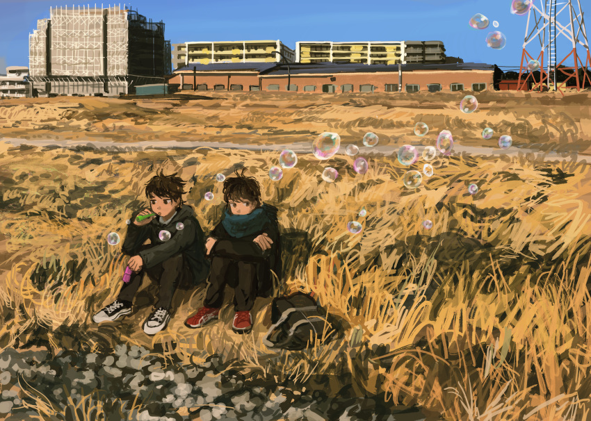 2boys, bag, bag_removed, black_coat, black_footwear, black_pants, blue_scarf, blue_sky