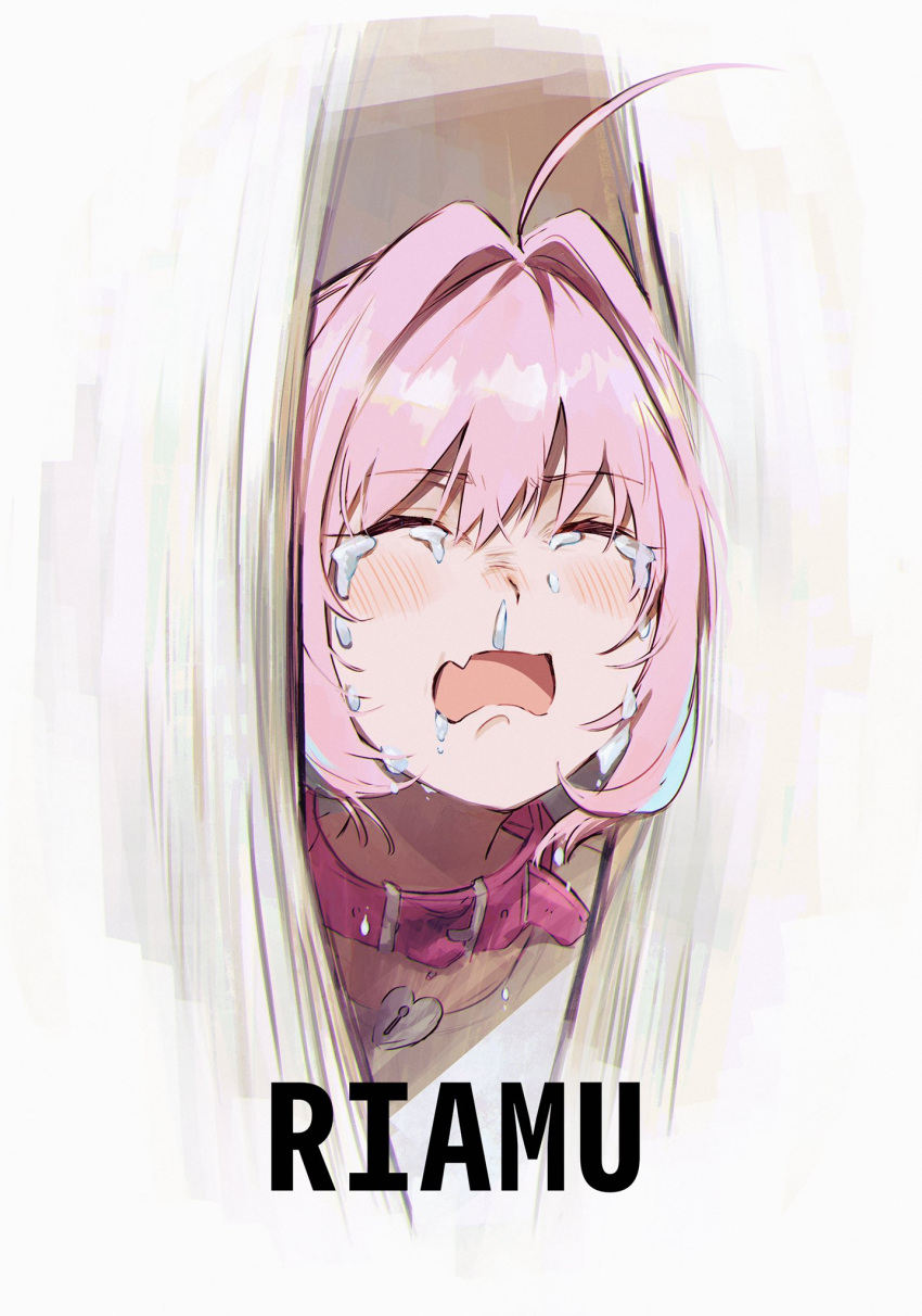 1girl, ahoge, animal_collar, broken_door, collar, crying, fang, hair_intakes