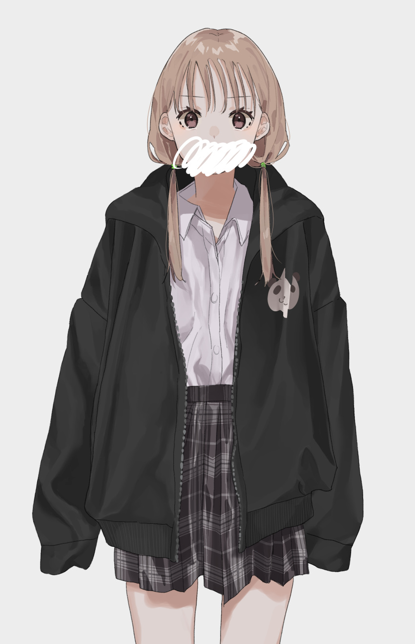 1girl, absurdres, bangs, black_jacket, black_skirt, brown_eyes, brown_hair, collared_shirt