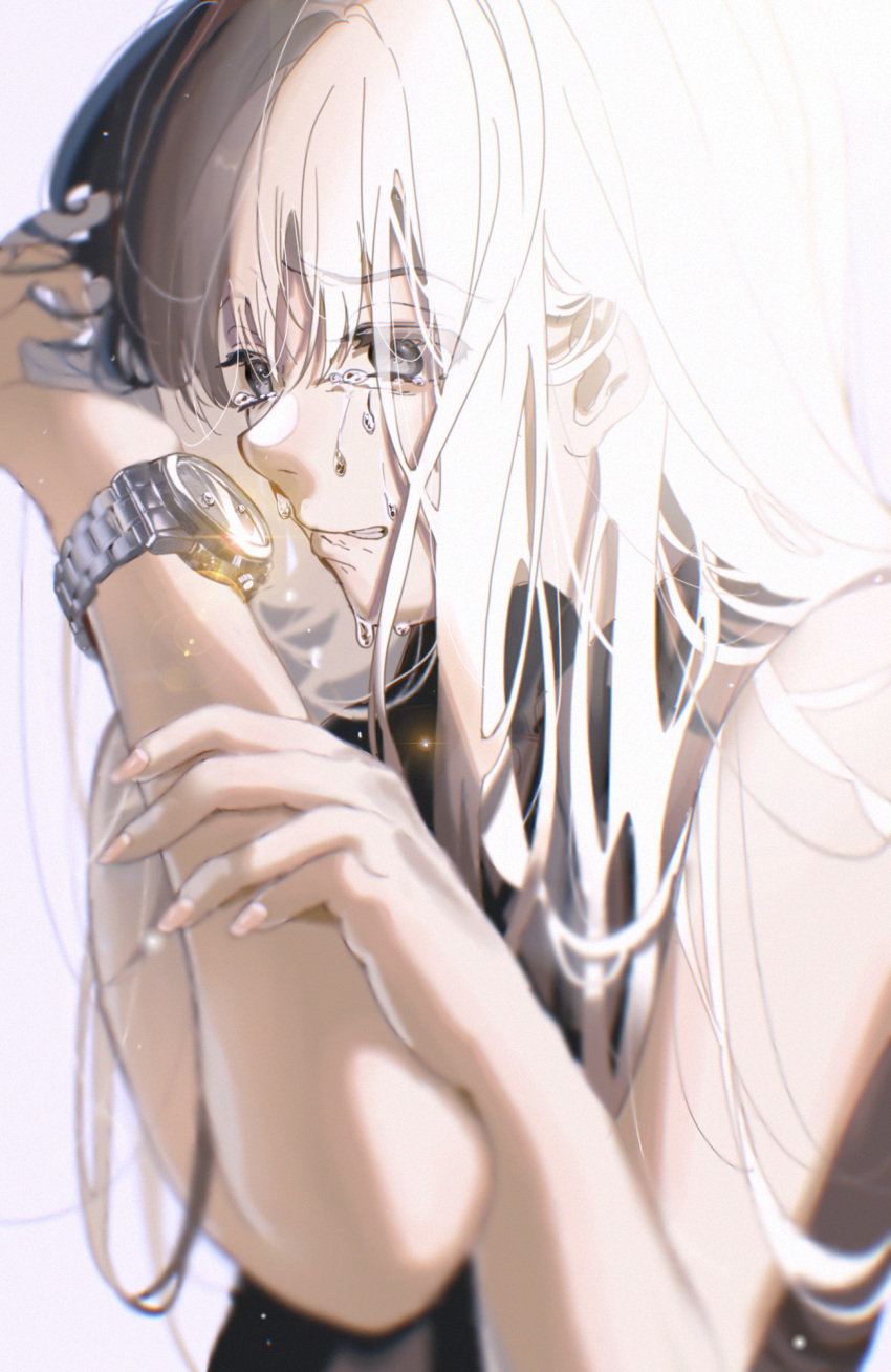1girl, black_shirt, collared_shirt, grey_eyes, grey_hair, hands_up, highres, long_hair