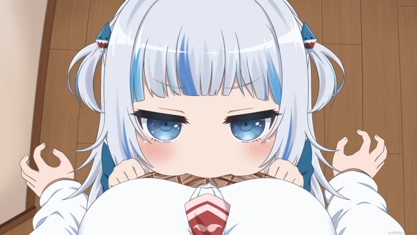 2girls, bangs, blue_eyes, blue_hair, blunt_bangs, blush, commentary, english_commentary