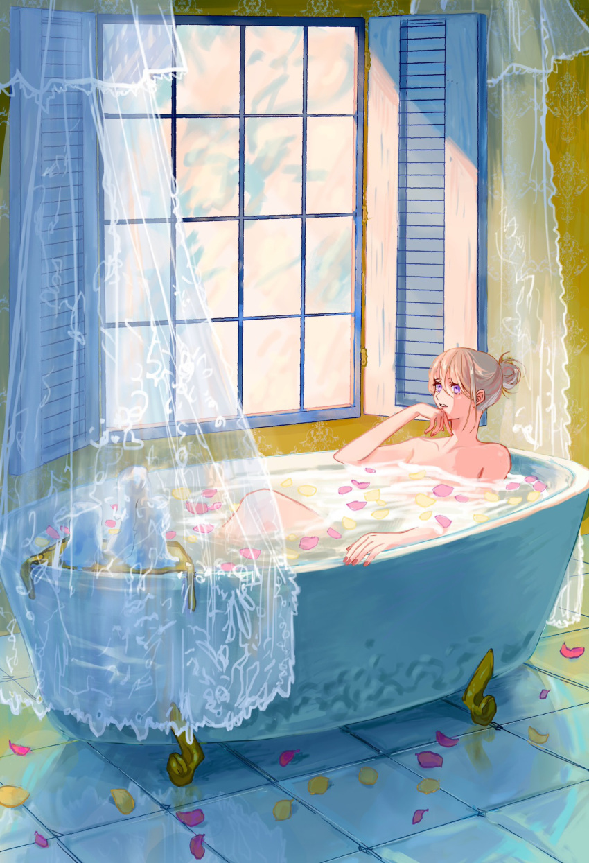 1girl, bathtub, brown_hair, claw_foot_bathtub, curtains, dyuba000, hair_bun, highres