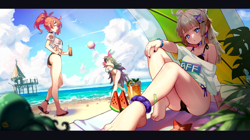 3girls, aa-12_(girls_frontline), ahoge, ankle_scrunchie, arm_support, ball, bandeau, bangs