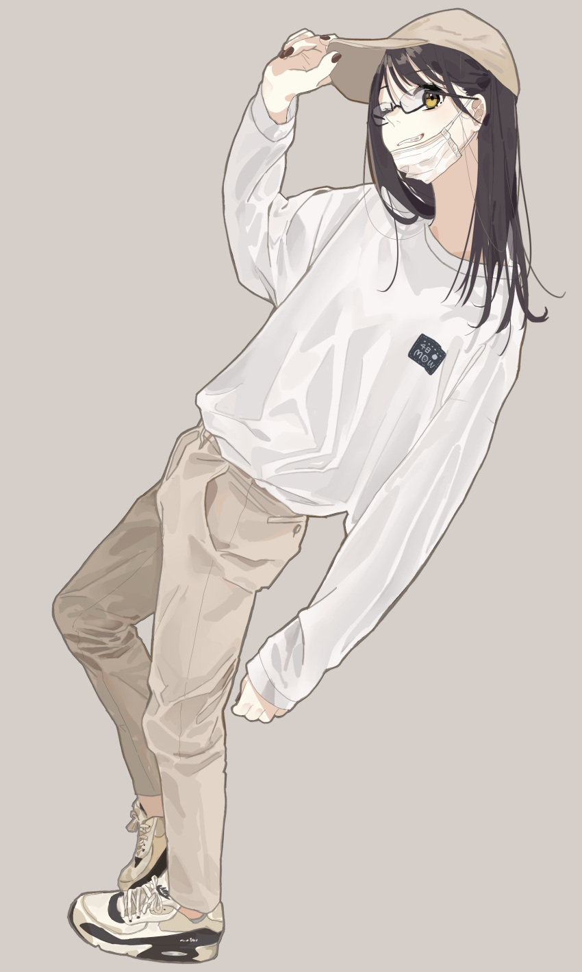 1girl, absurdres, arm_up, bangs, baseball_cap, black_hair, black_nails, brown_background