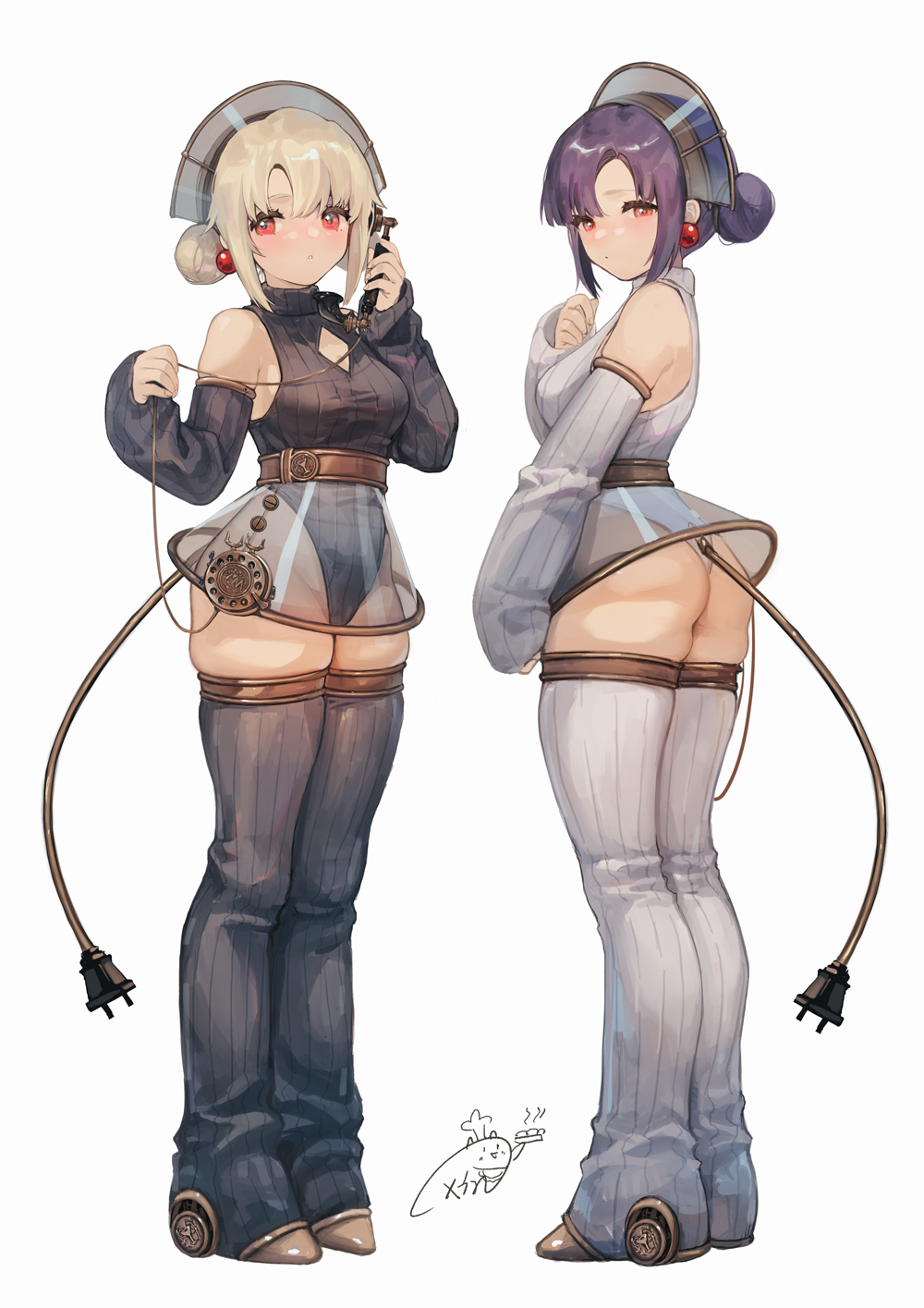 2girls, :o, ass, bangs, bare_shoulders, black_hair, black_legwear, black_leotard